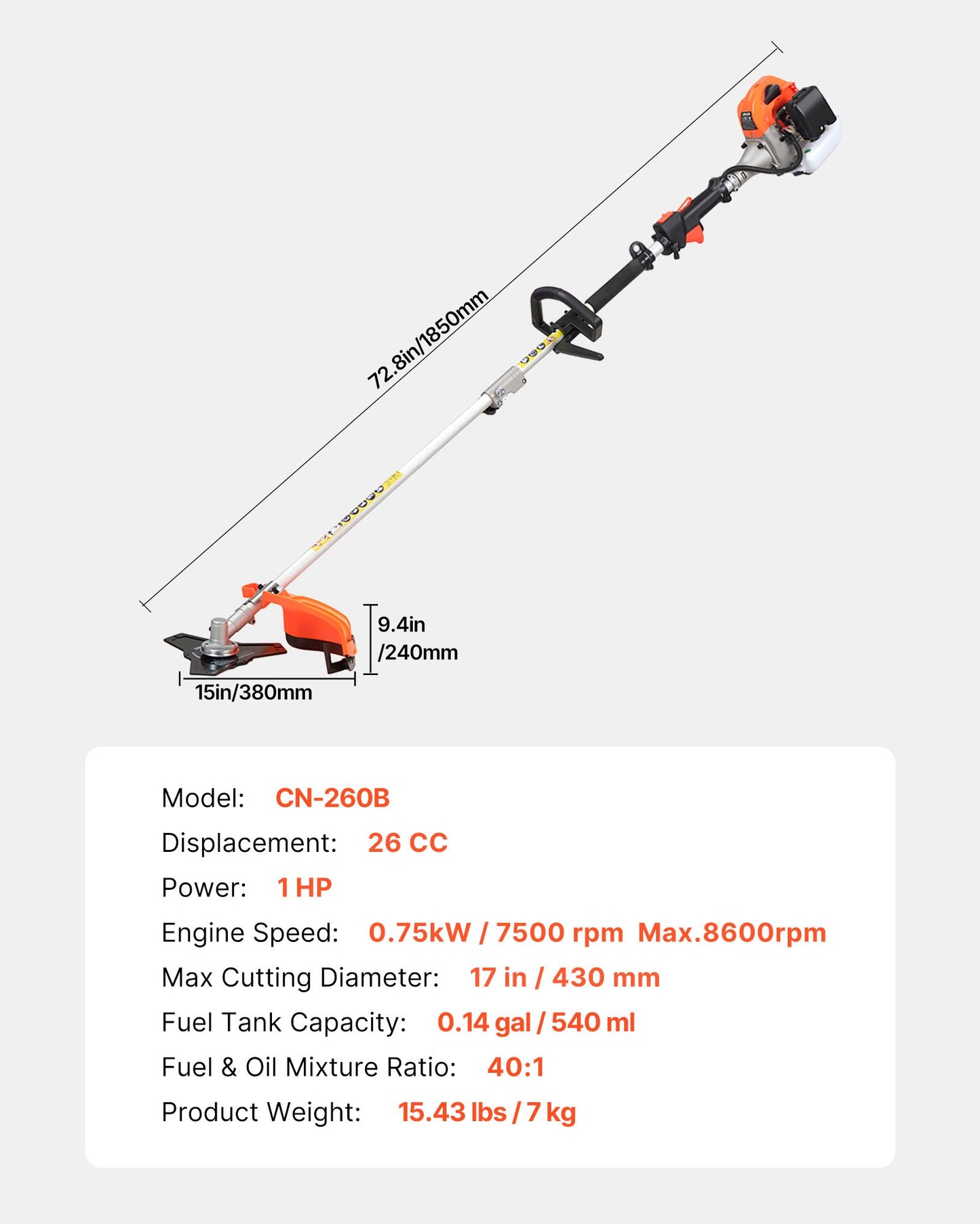 Gas Powered 26cc 2-in-1 String Trimmer & Brush Cutter with Blade and Nylon Line