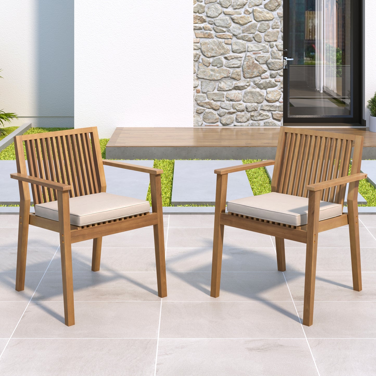Patio Dining Chairs Set of 2 - Sturdy Acacia Wood, Waterproof Cushions