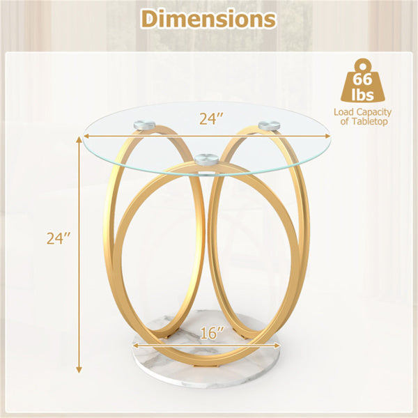 Modern 2-Tier Side Table With Tempered Glass Top & Faux Marble Base,
