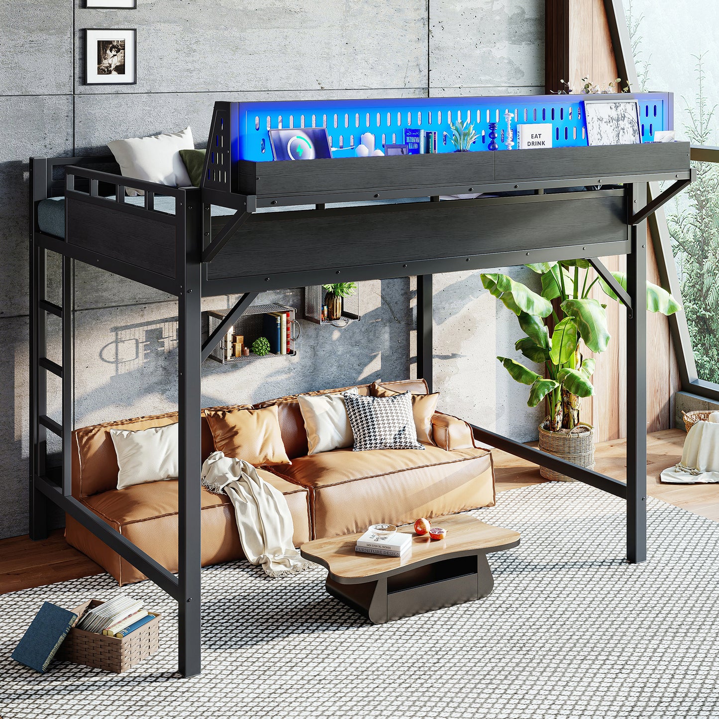 Queen Size Metal Loft Bed Frame with USB Ports & LED Lights