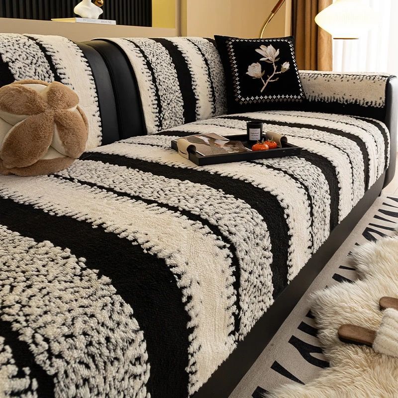 Thick Plush Sofa Cover Cloth Winter Sofa Cushion Protector - Geometric Pattern
