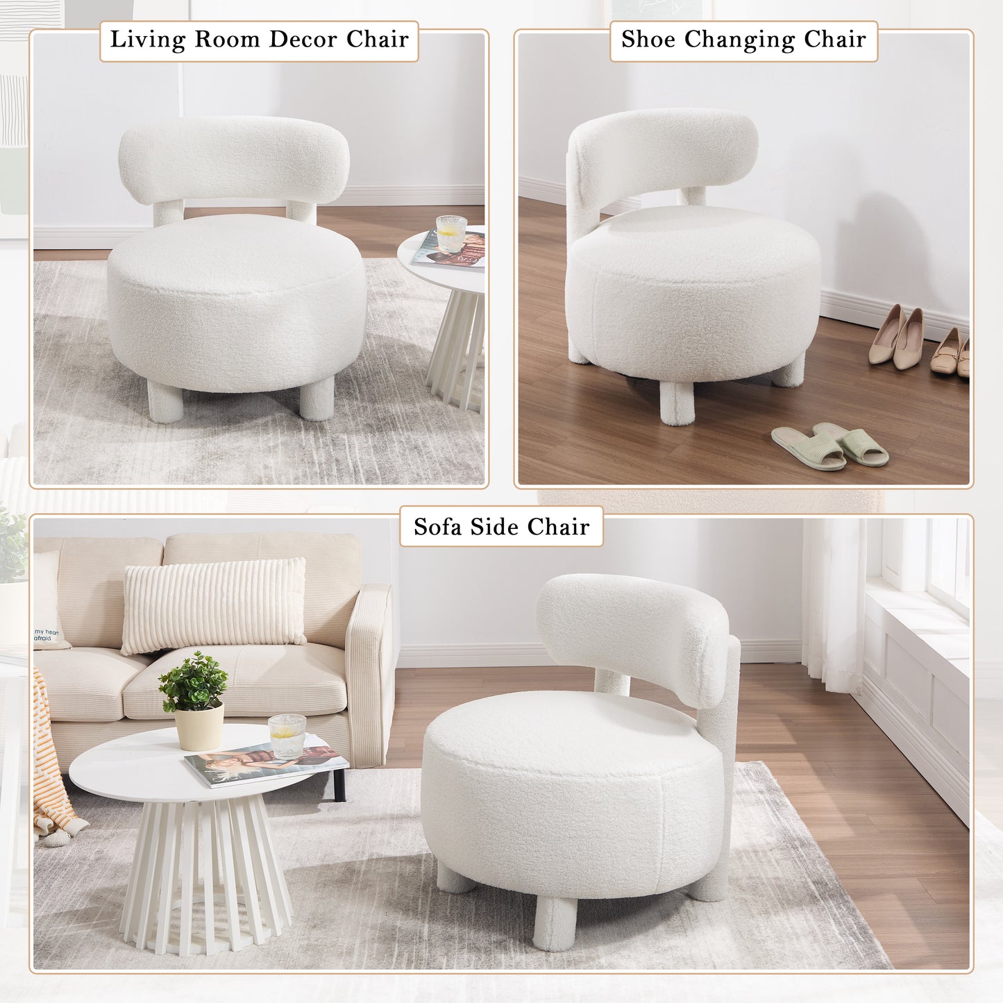 White Teddy Fabric Armless Accent Chair with Curved Backrest