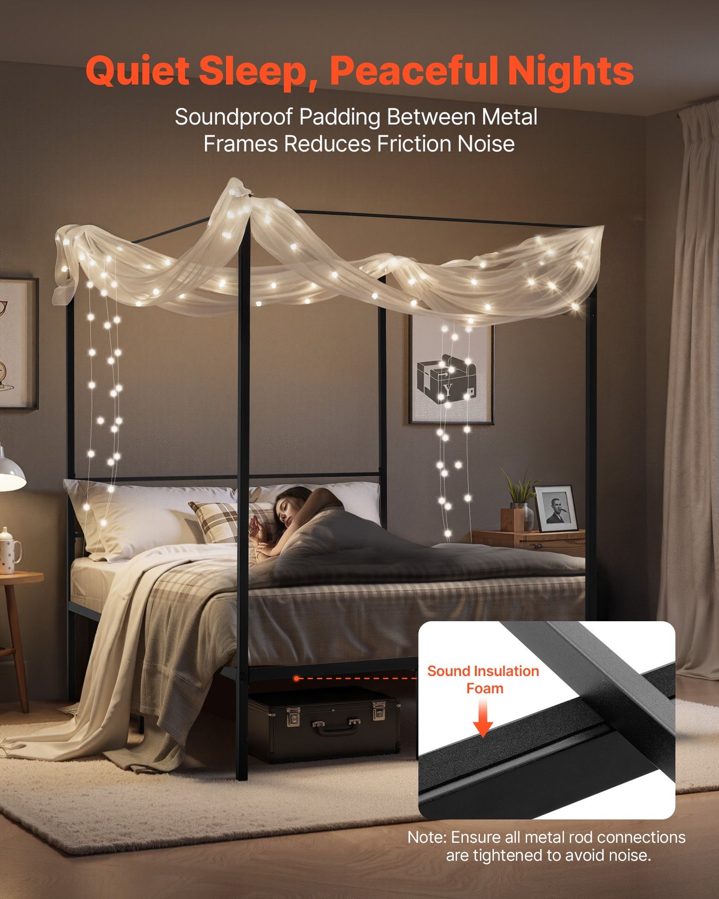 Full Size Metal Canopy Bed Frame with Four Posters, Heavy Duty Steel Slats, Underbed Storage, Easy Assembly - Black