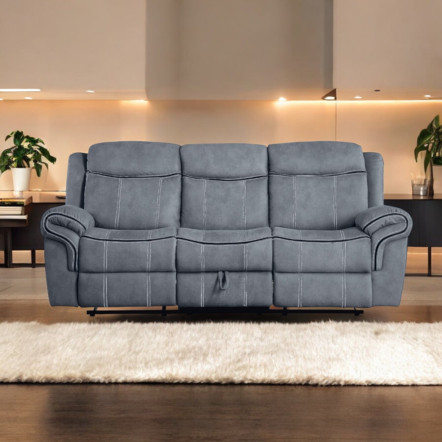 Gray Velvet Recliner Sofa with USB Port & Drop Down Table