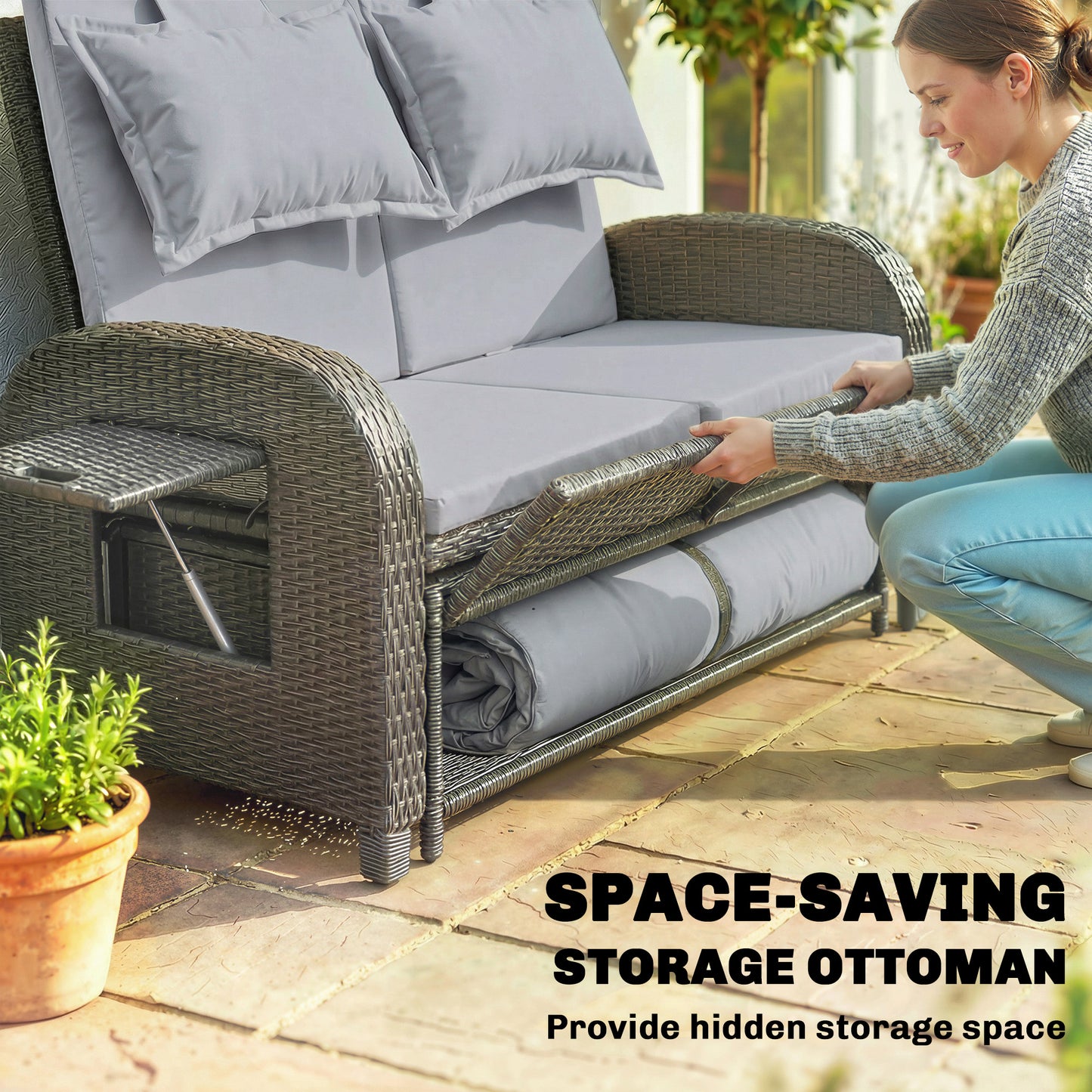 Outdoor Daybed with Storage Ottoman, Adjustable Loveseat - Gray