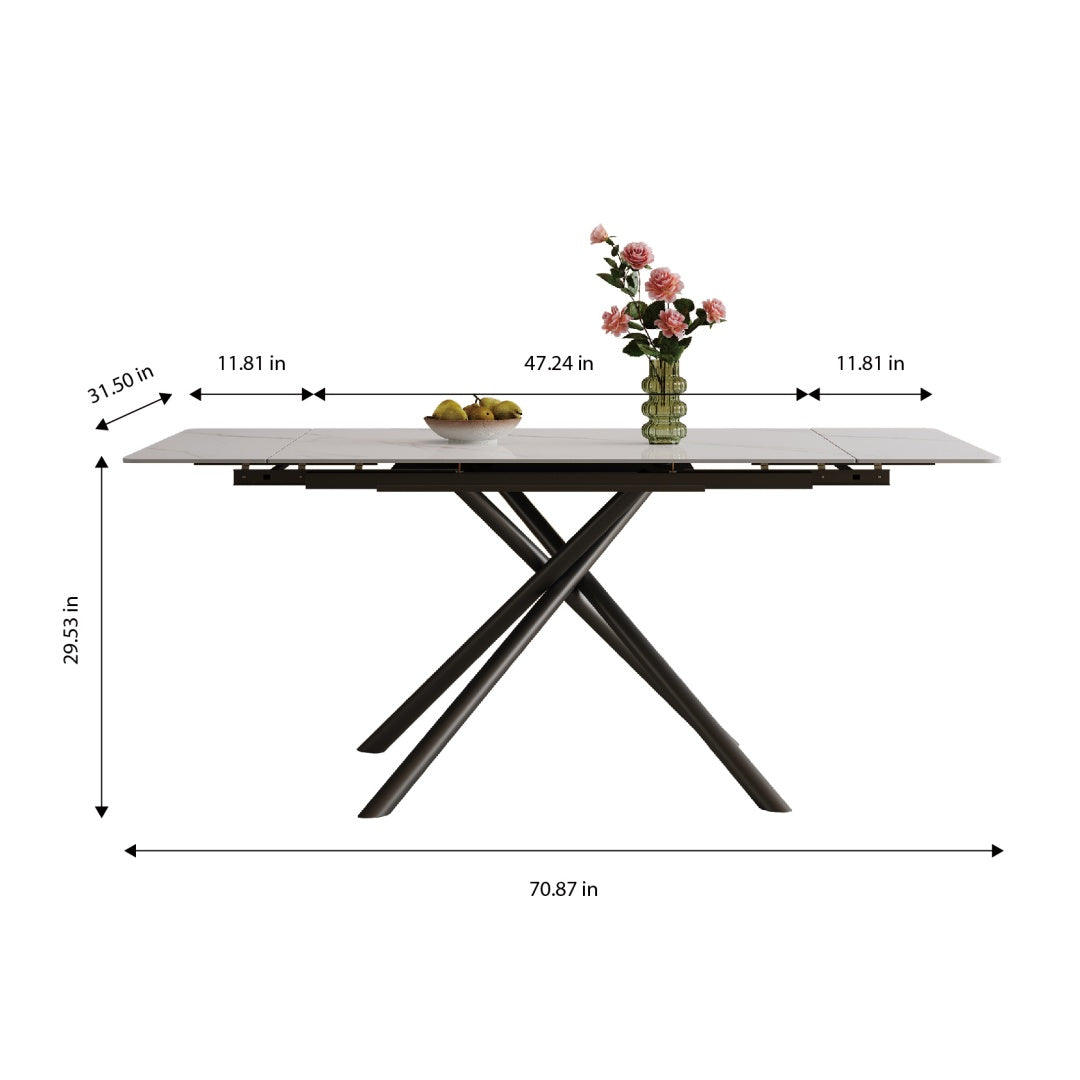 Retractable Dining Table - Modern Rectangular Sintered Stone, 71 Inch, White