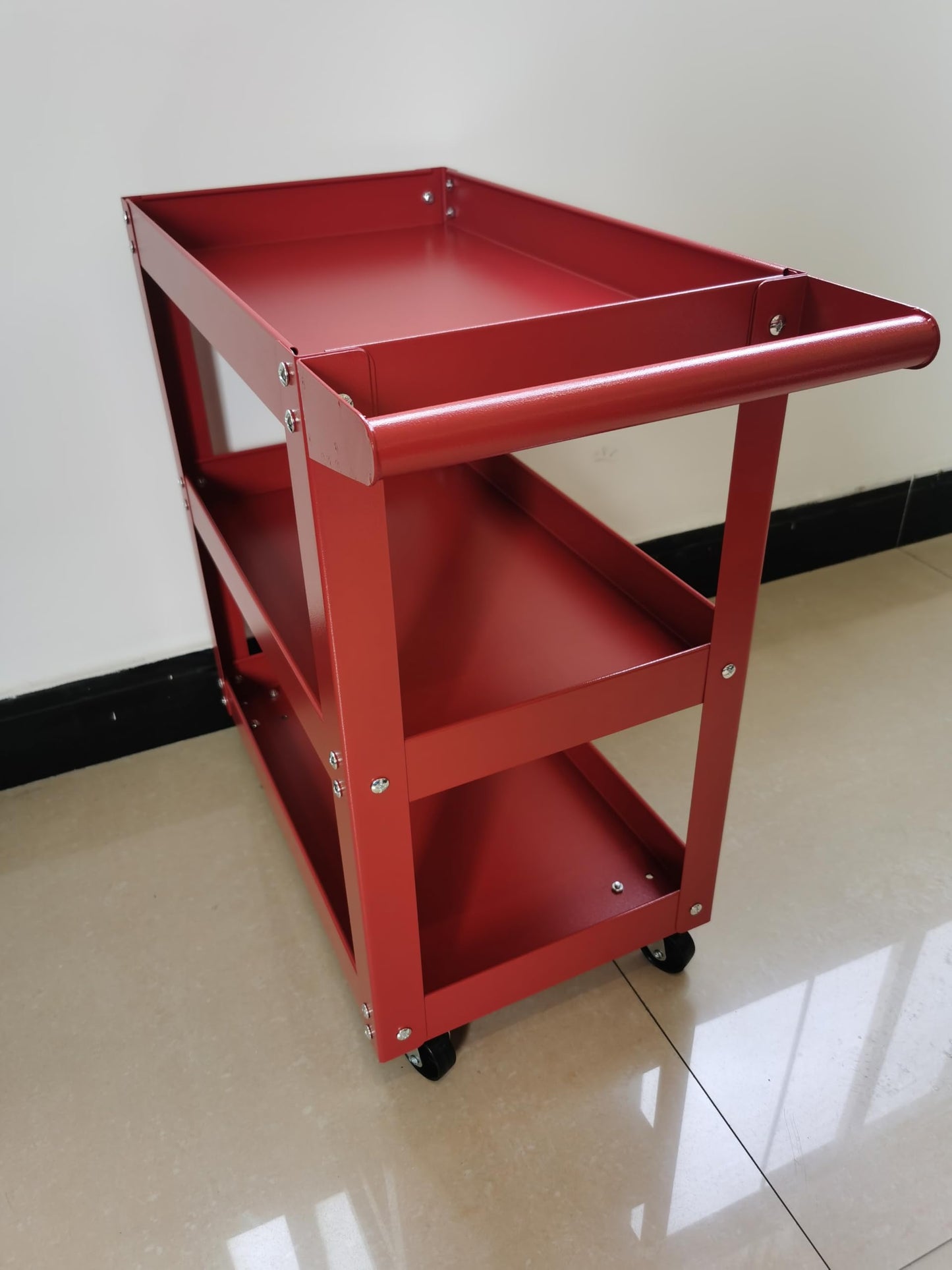 Three-Tier Handcart Tool Storage Cart with Lockable Wheels - Red