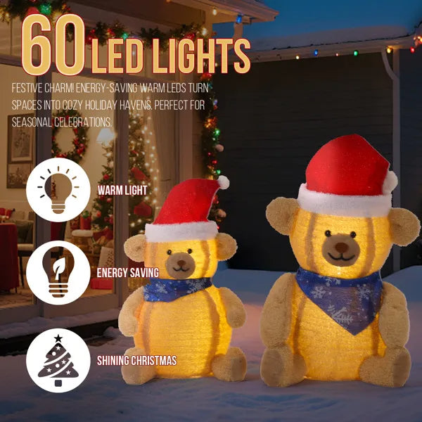 Set of 2 Lighted Plush Bear Christmas Decorations with 60 LED Lights