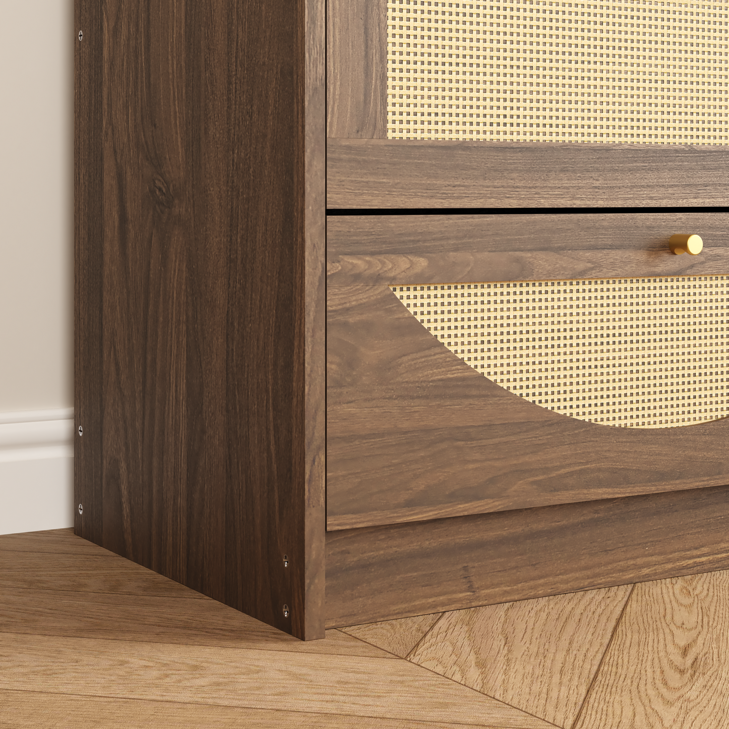 Modern 9-Drawer Dresser with Rattan Front - Walnut Finish