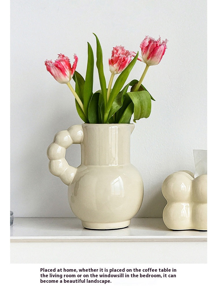 French Ceramic Vase Set - Cream, Black, and Beige Decorative Flowers & Tulips