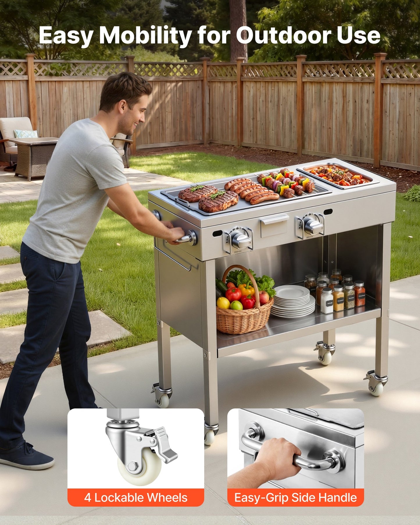 Outdoor Propane Gas Griddle with 2 Burners, Stainless Steel Cart, Lockable Wheels