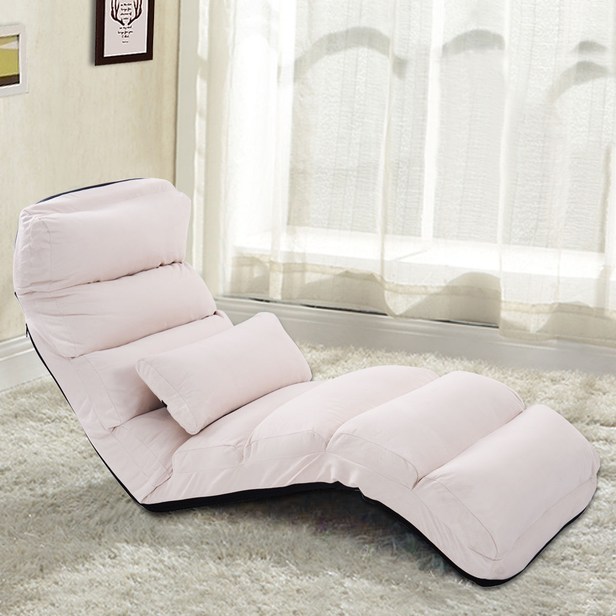 Folding Lazy Sofa Chair with Pillow - Beige Lounge Bed
