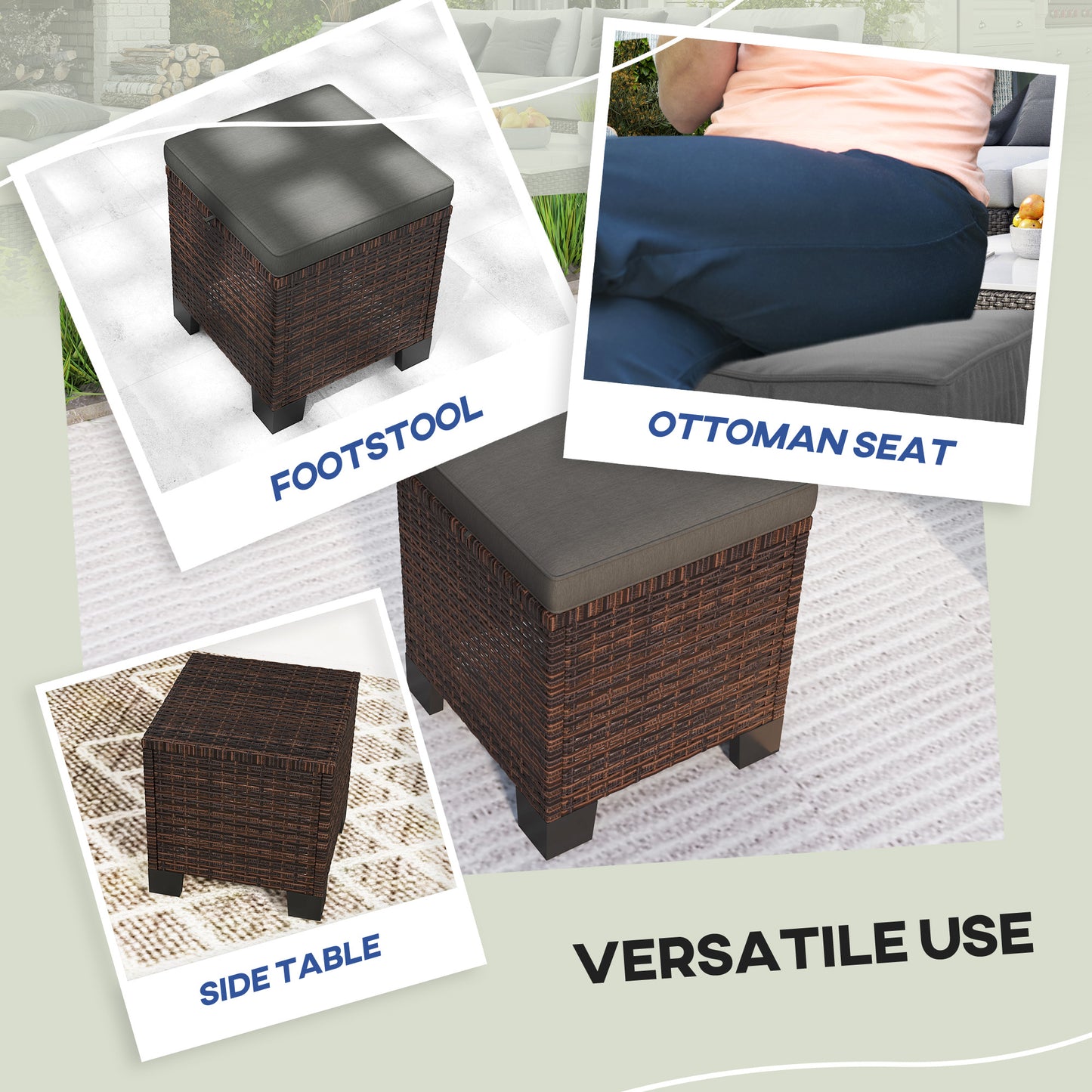 2-Piece Gray Wicker Outdoor Ottomans with Cushions