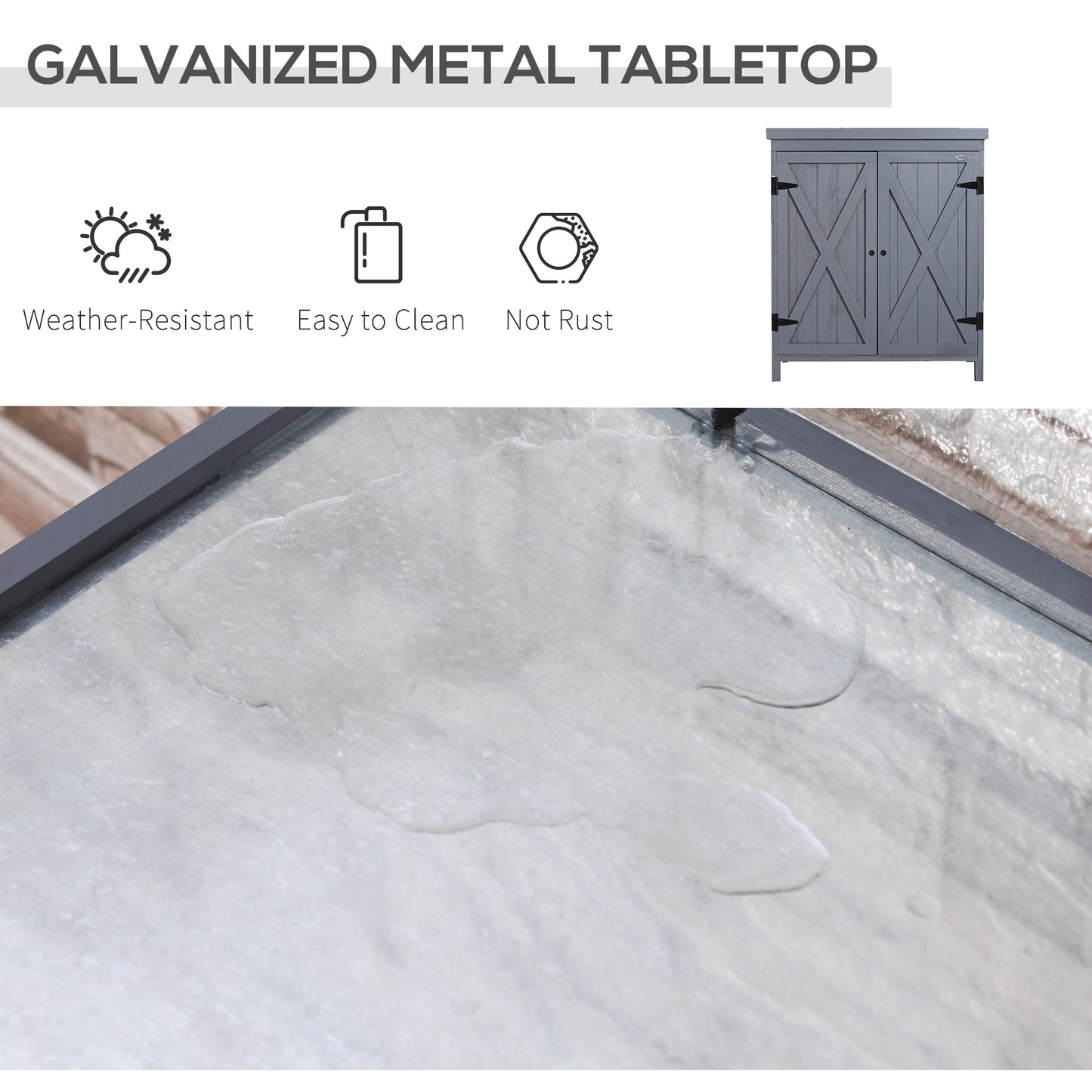 Outdoor Storage Cabinet with Galvanized Steel Top and Shelves - Gray Garden Tool Shed 970x510x260 mm