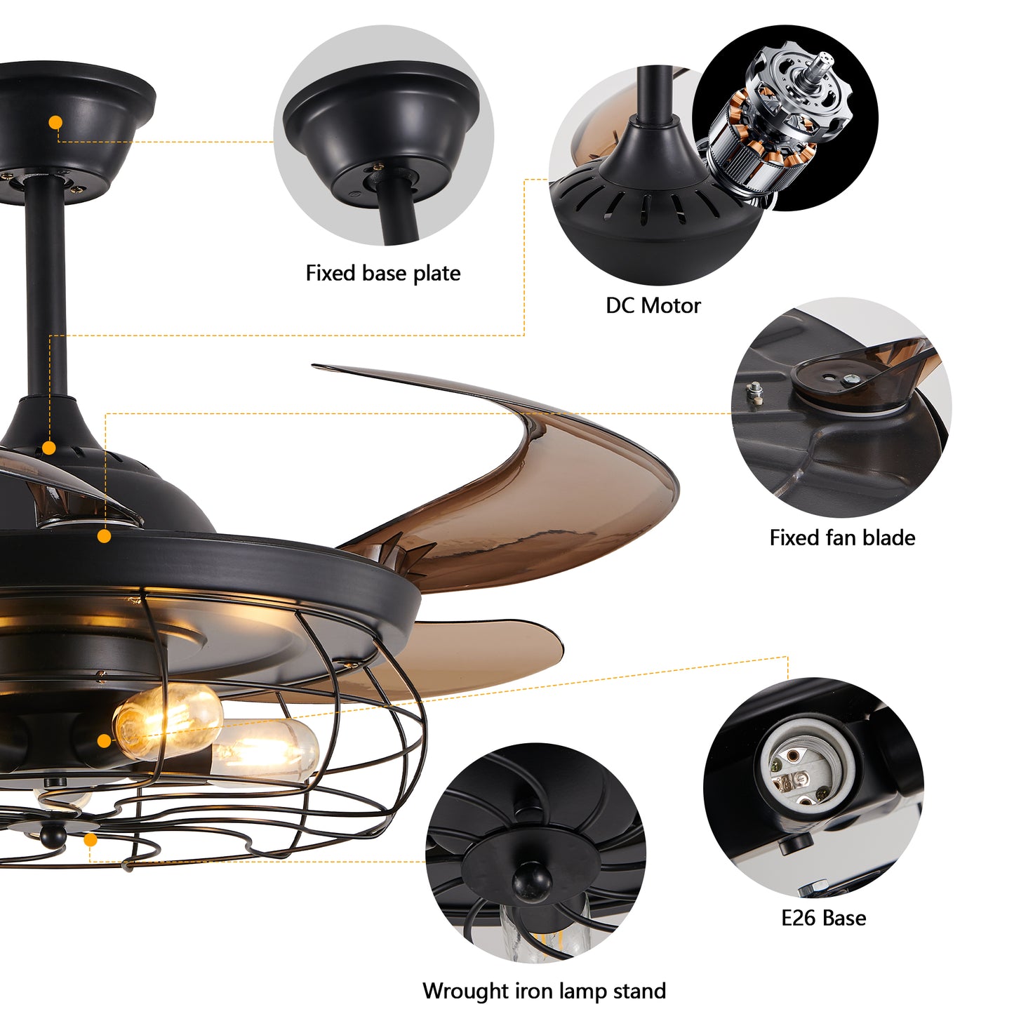 Black Remote Control Ceiling Fan - Industrial 4-Blade Design