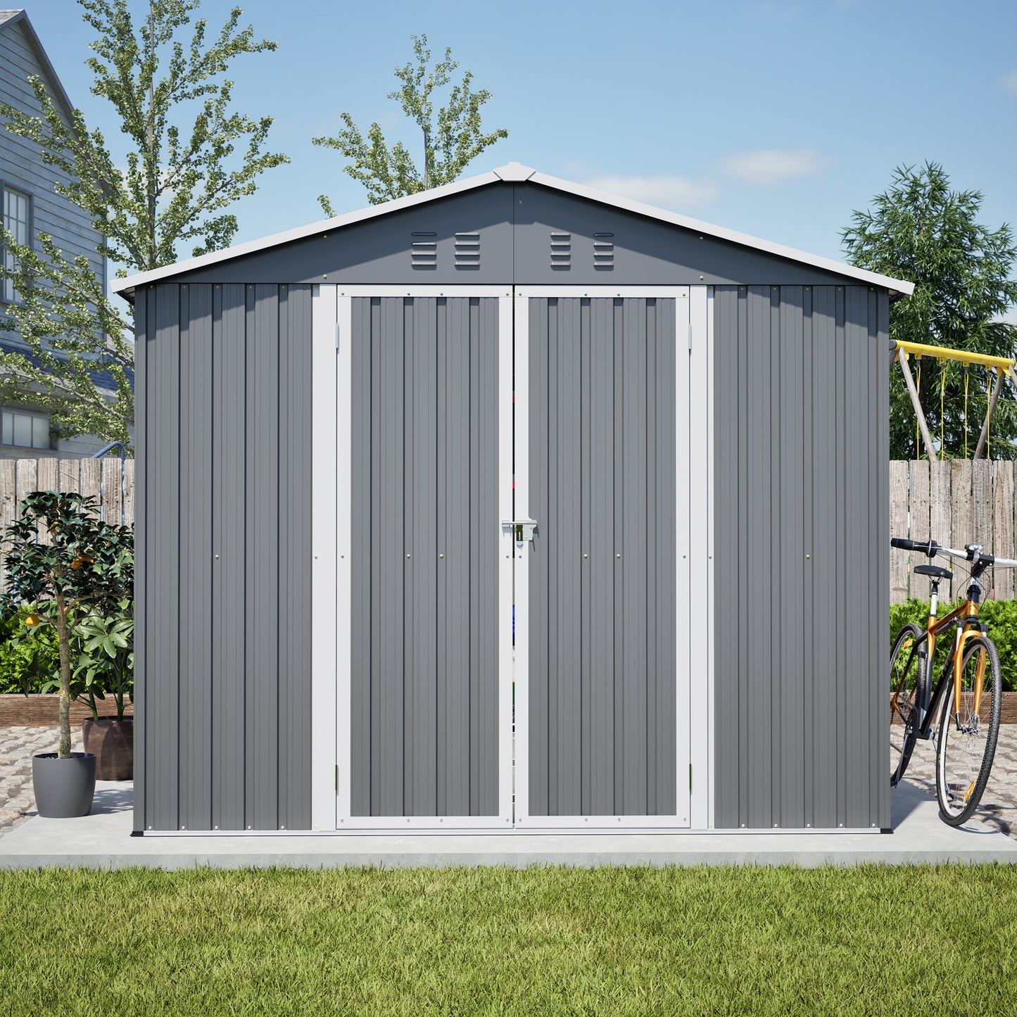 8x12 FT Metal Storage Shed with Side Door - Grey Outdoor Tool Shed