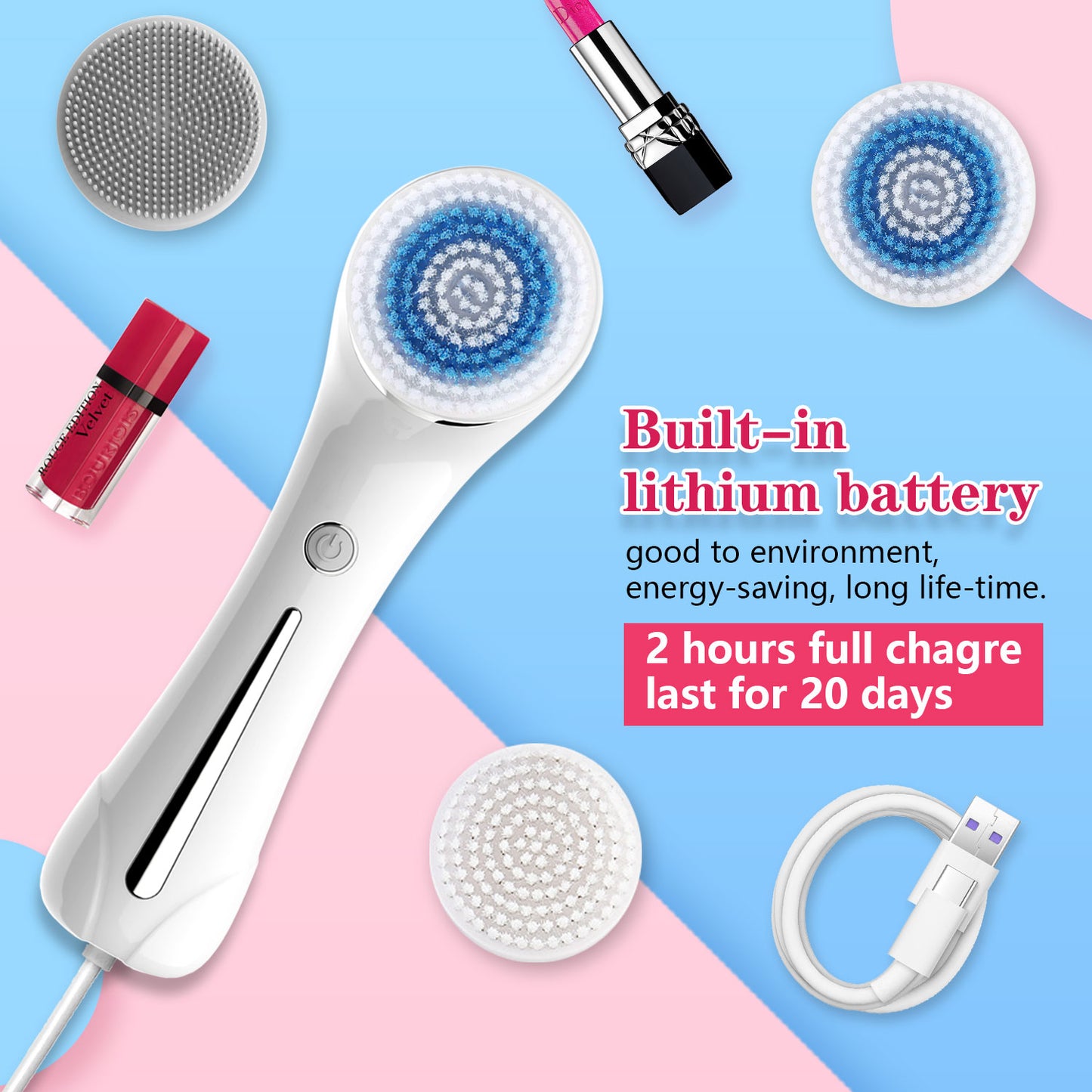 Electric Facial Cleansing Brush - Waterproof Exfoliator with 4 Brush Heads