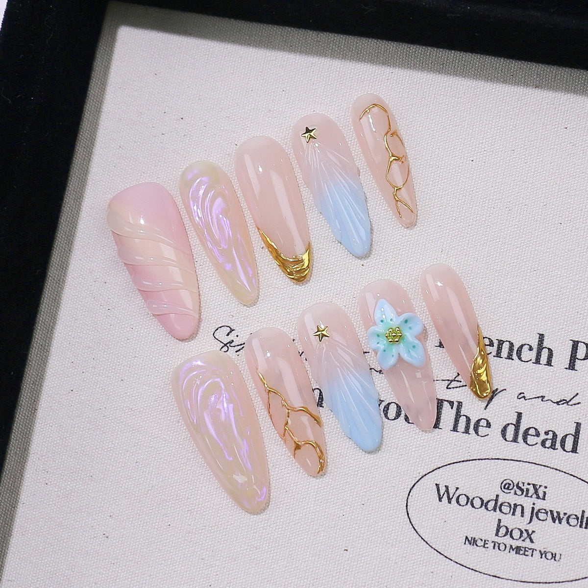 Fake Nail Set with Carved Shell Pattern - Long Almond French Style with Armor Fit