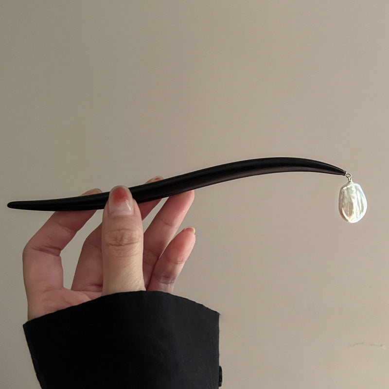 Classical Baroque Pearl Sandalwood Hairpin - Korean Style Geometric Design