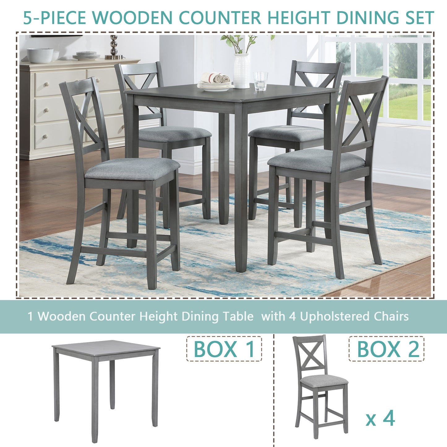 5-Piece Counter Height Dining Table Set with 4 Upholstered Chairs - Gray