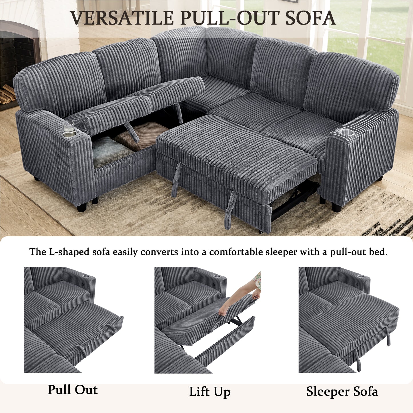 L-Shaped Sectional Sofa Bed with Storage & USB Charging - Grey