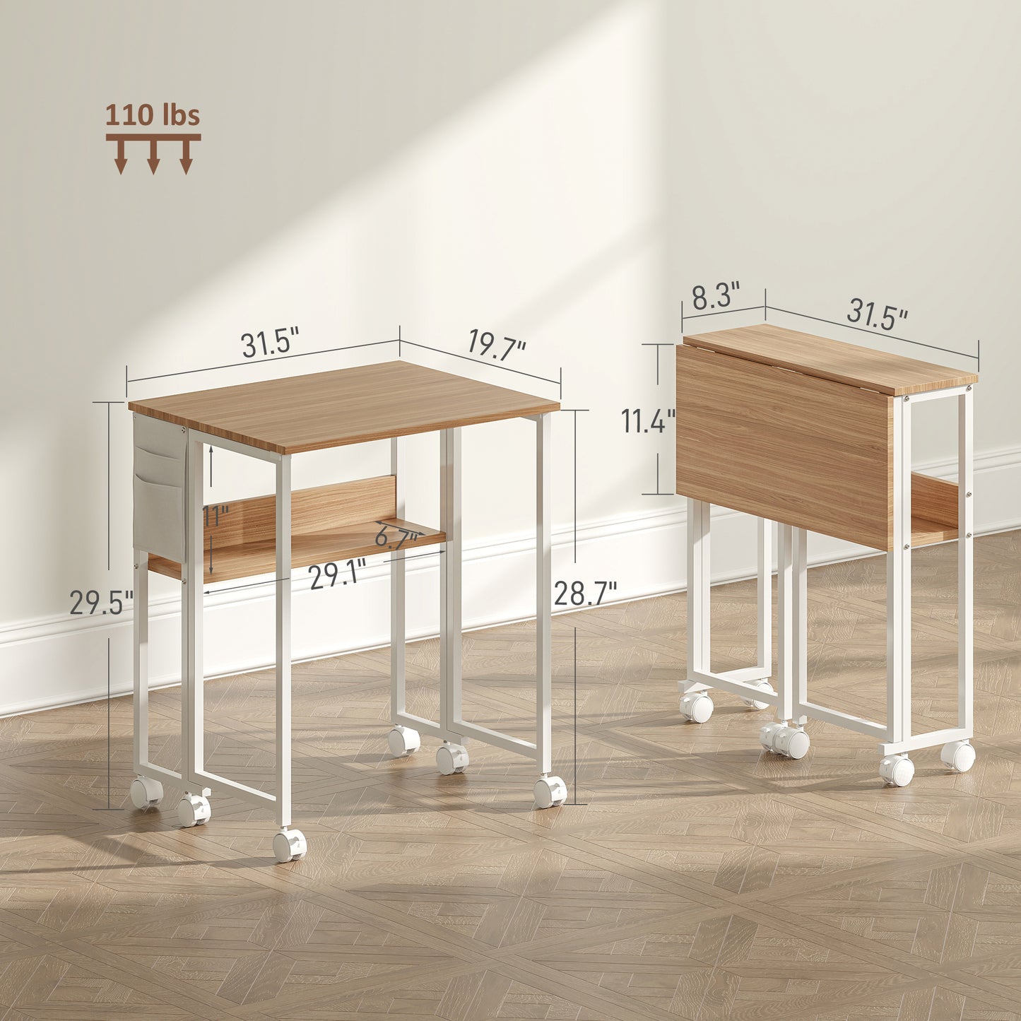 Foldable Computer Desk with Storage and Wheels - Natural Wood
