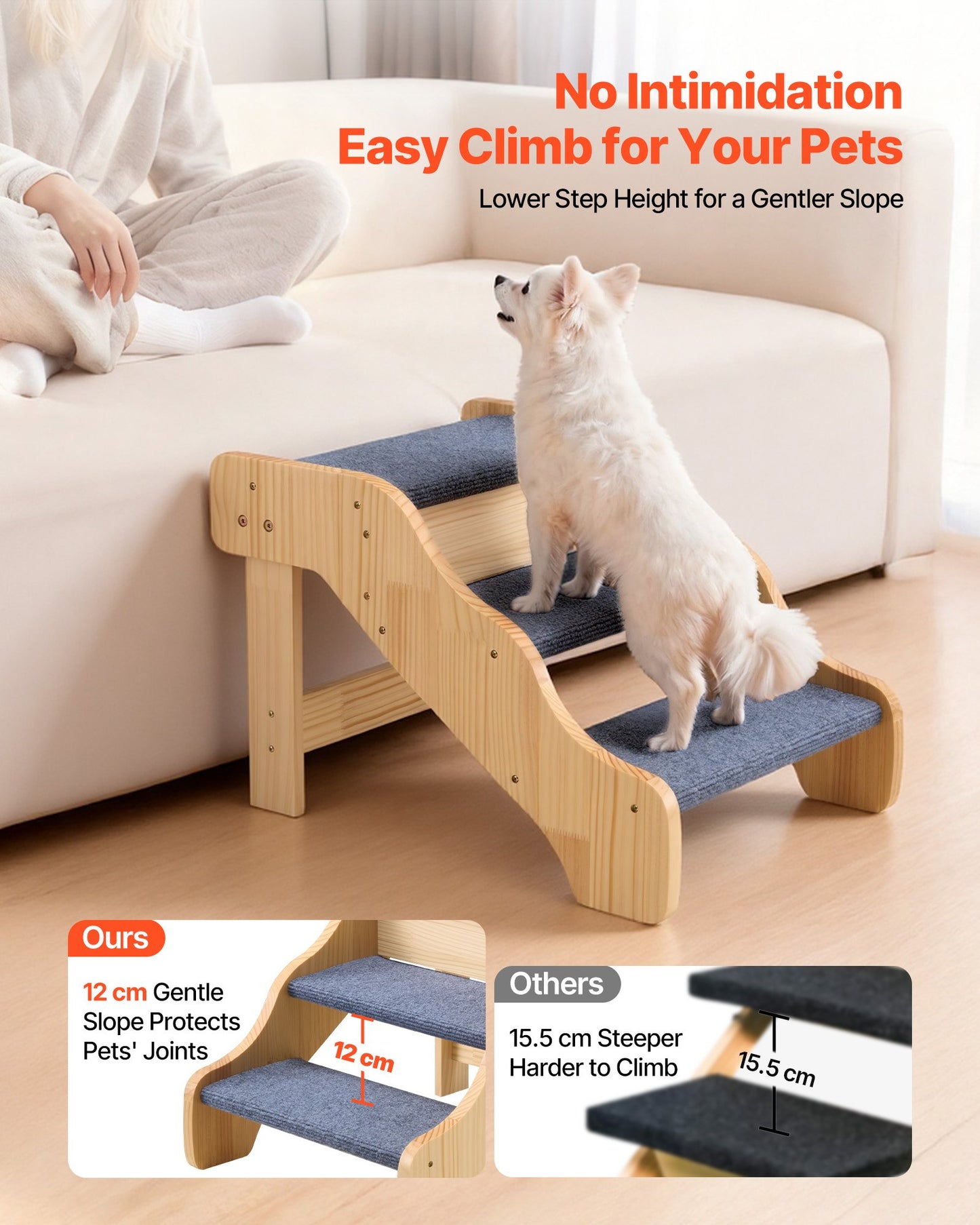 Wood Pet Stairs for Dogs & Cats - 3-Step Non-Slip Pet Ladder with 150lbs Capacity