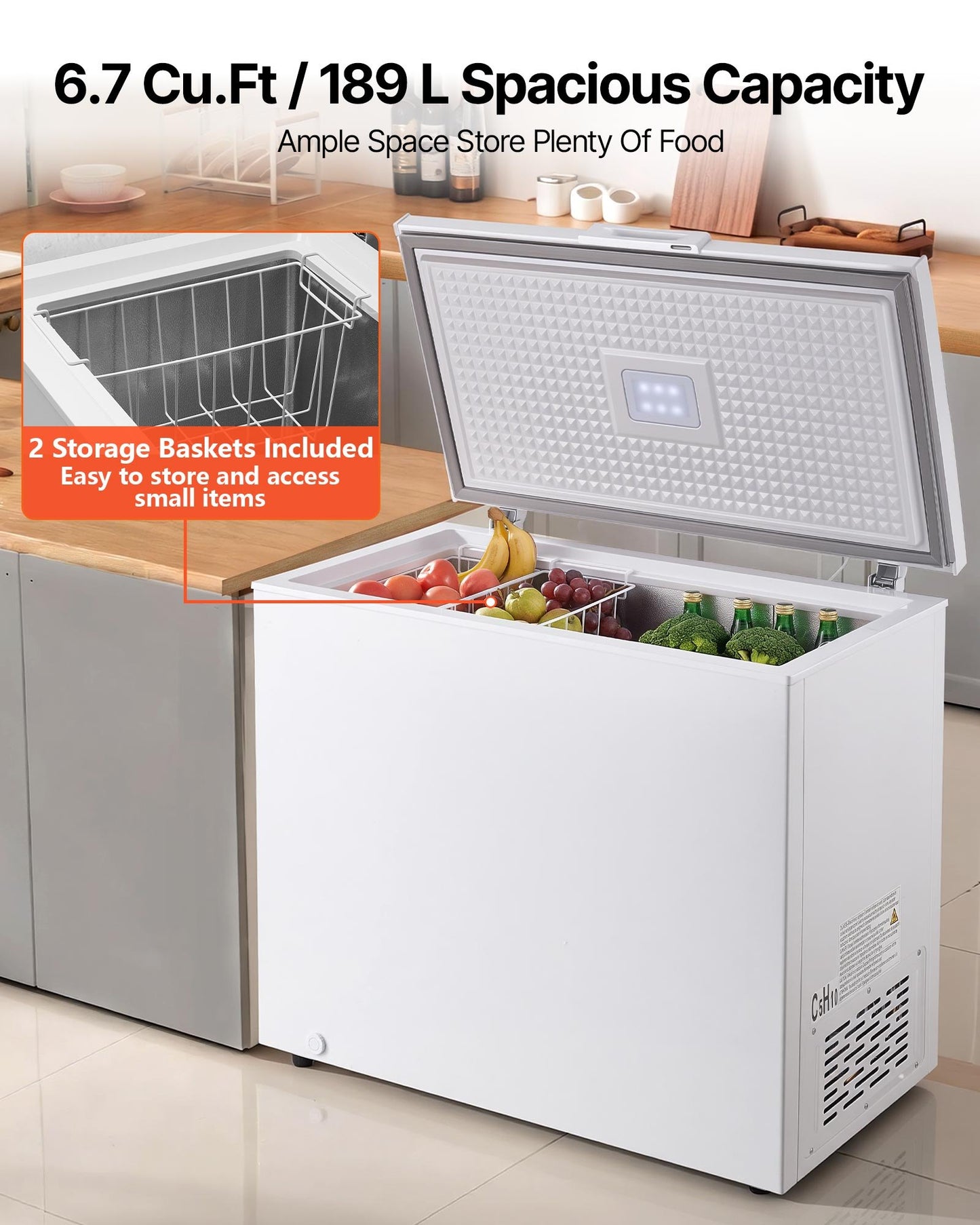 Chest Freezer 6.7 Cu.ft Compact Deep Freezer with Baskets & Adjustable Thermostat
