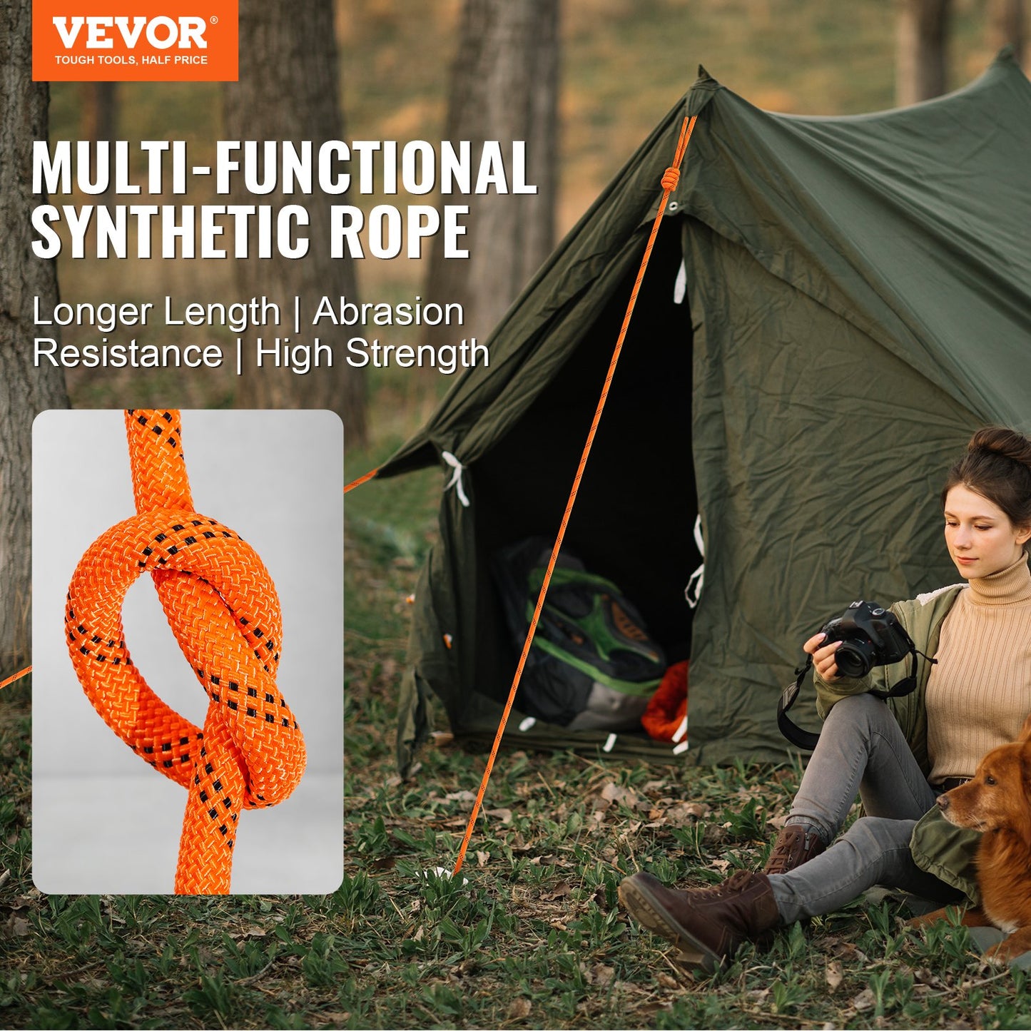 Outdoor Climbing Rope 1/2 Inch x 220 Ft Double Braided Polyester with 8000 LBS Strength - Orange