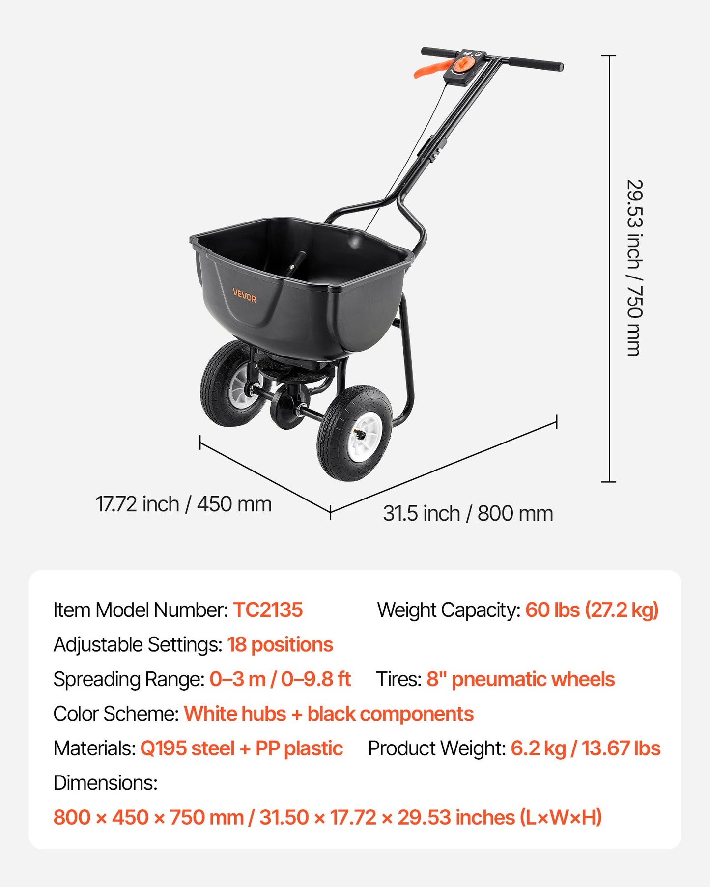 Walk Behind Broadcast Spreader 60LBS Capacity for Lawn & Garden