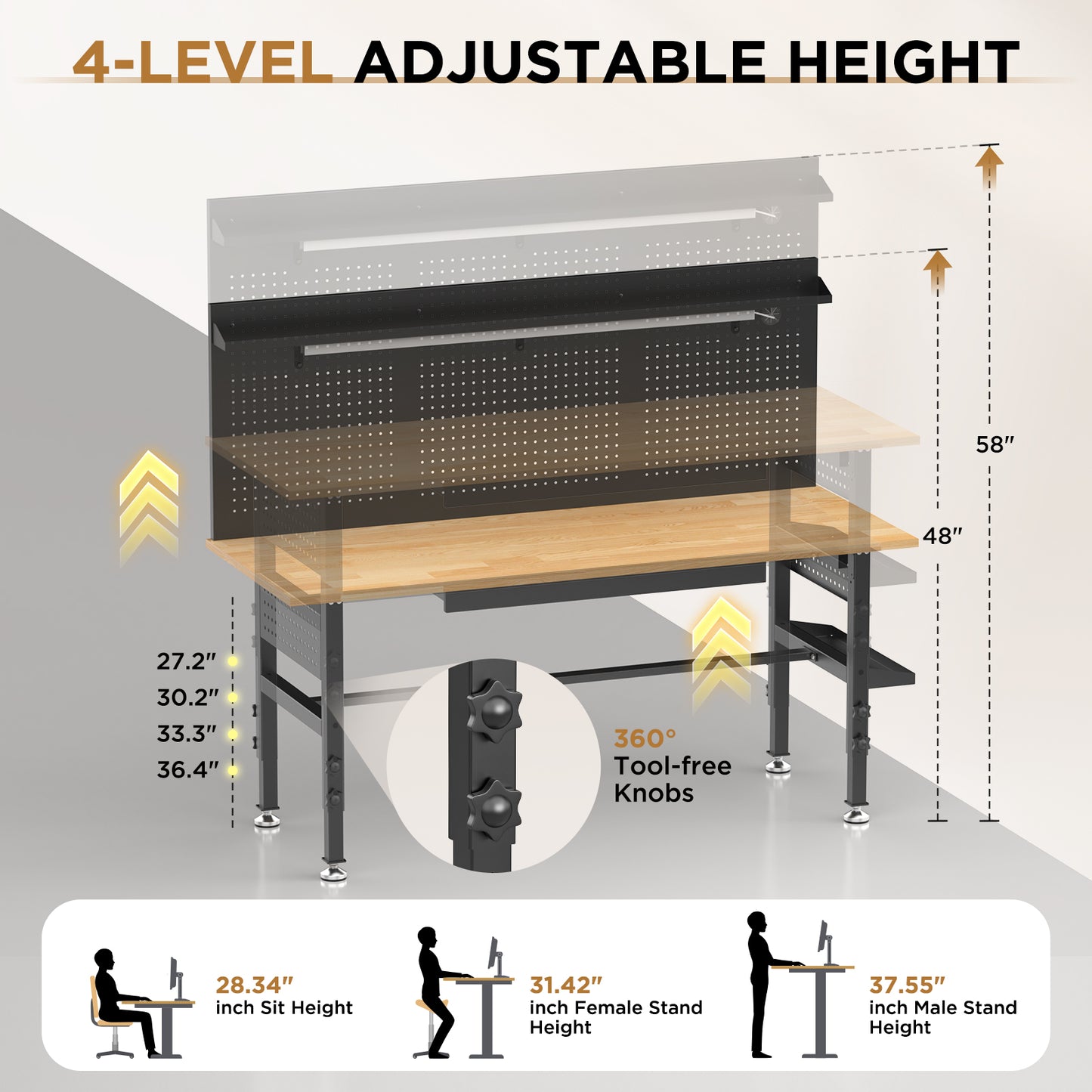 60-Inch Adjustable Height Workbench with Drawers & LED Light