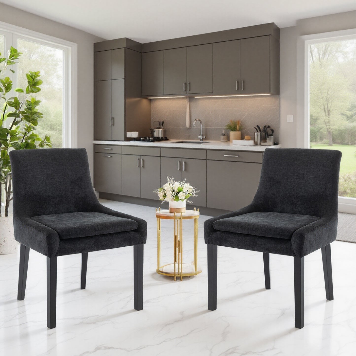 Upholstered Dining Chairs Set of 2 - Mid Back, Wood Legs