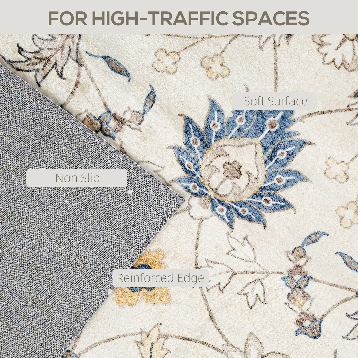 Machine Washable Boho Floral Area Rug 8x10 - Blue