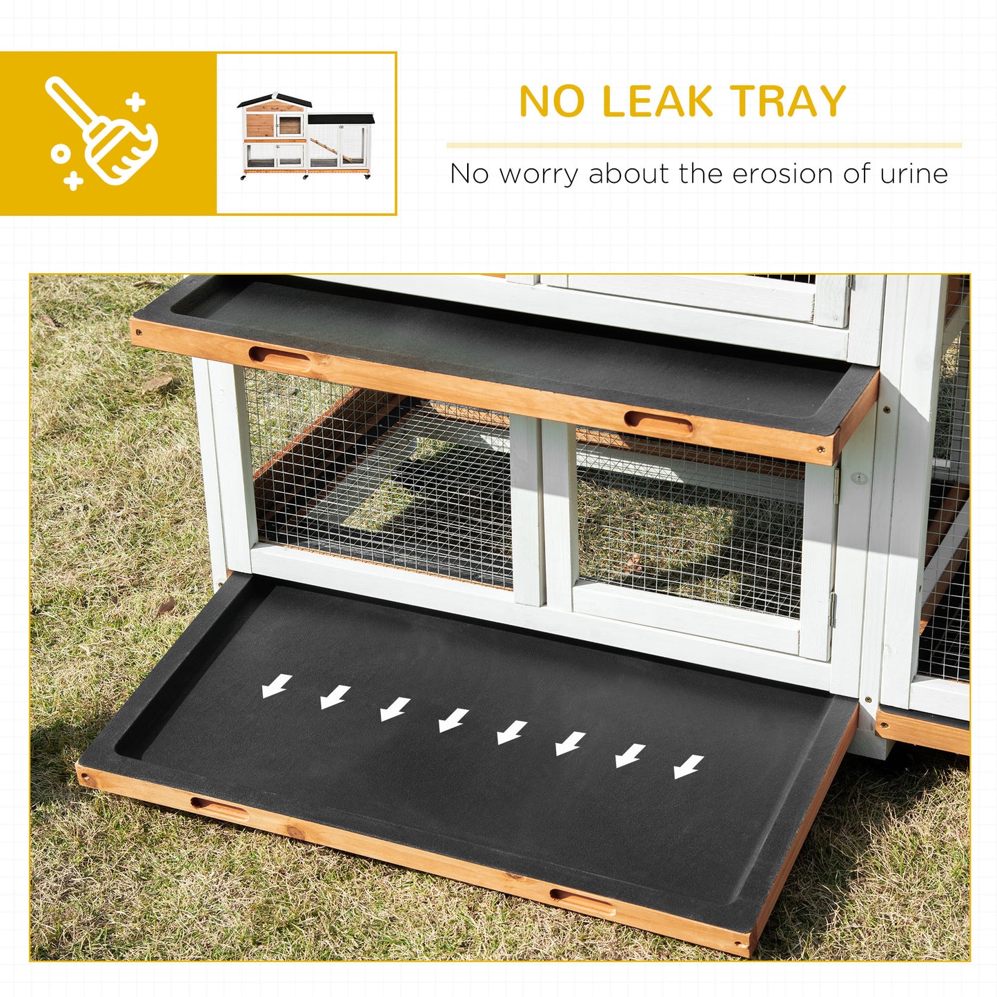 Wooden Rabbit Hutch with Wheels and Run Box, Slide-Out Tray, Ramp, Yellow
