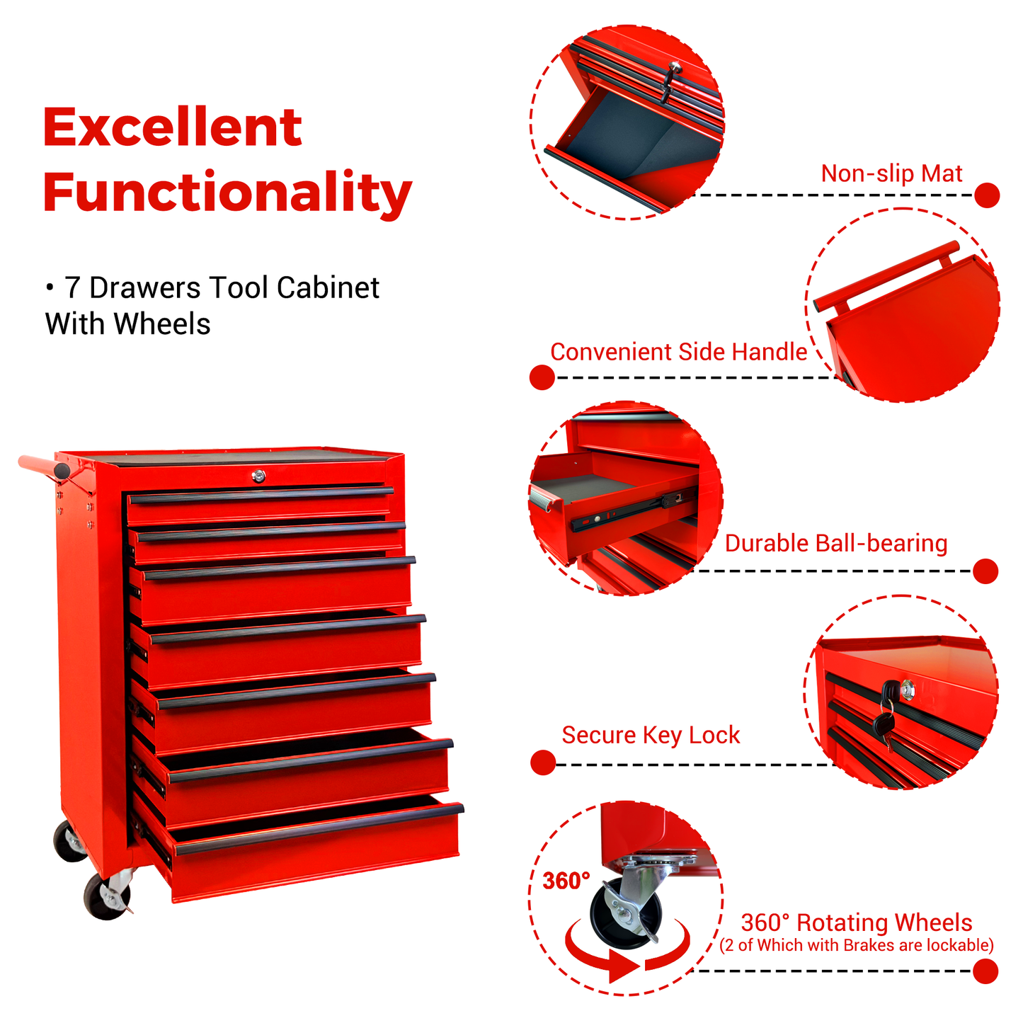 20-Inch Rolling Metal Tool Chest with 7 Drawers - Red