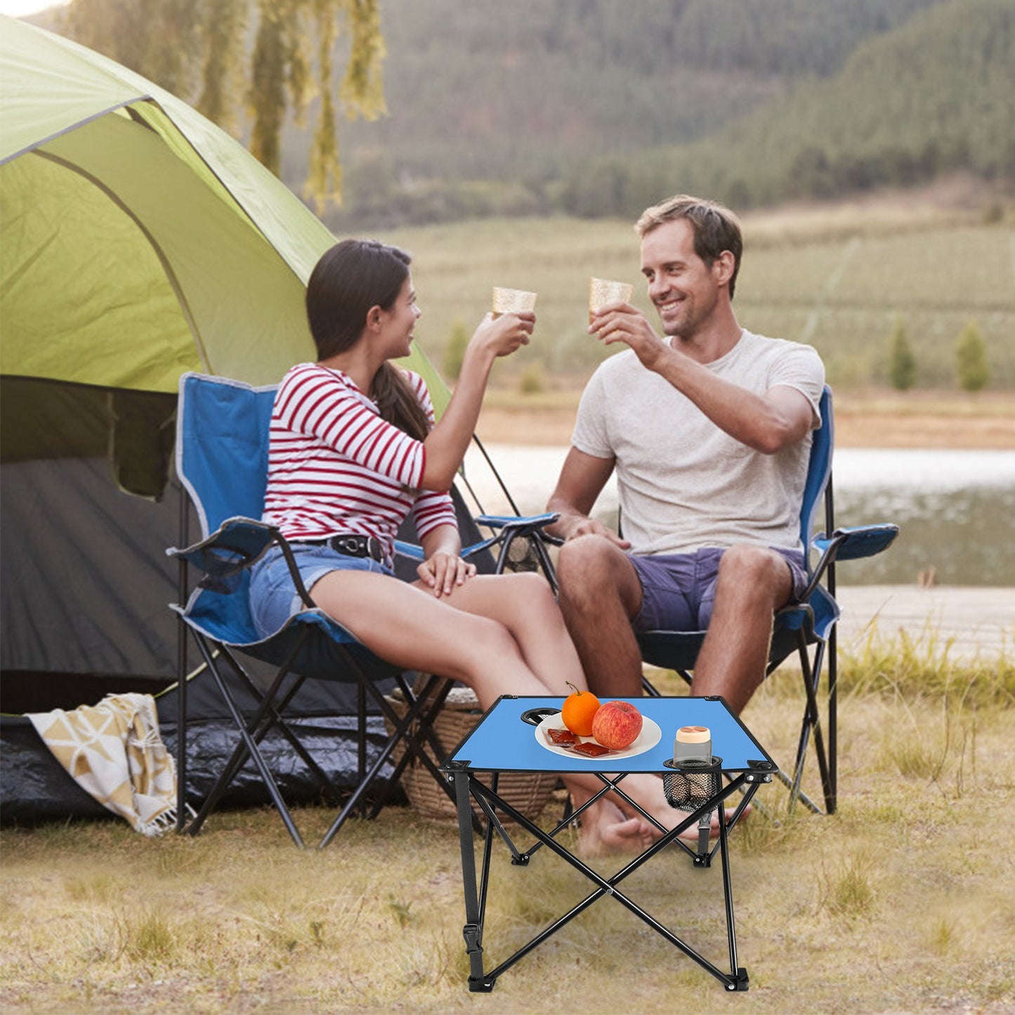 Portable Folding Camping Table with Cup Holders - Multiple Colors & Sets