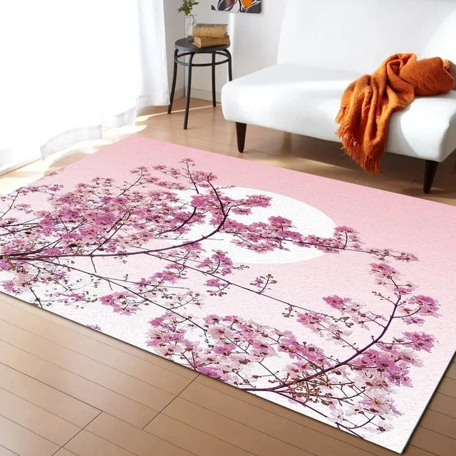 Pastel Cherry Blossom and Crescent Moon Non-Slip Flannel Floor Mat - Home Rug