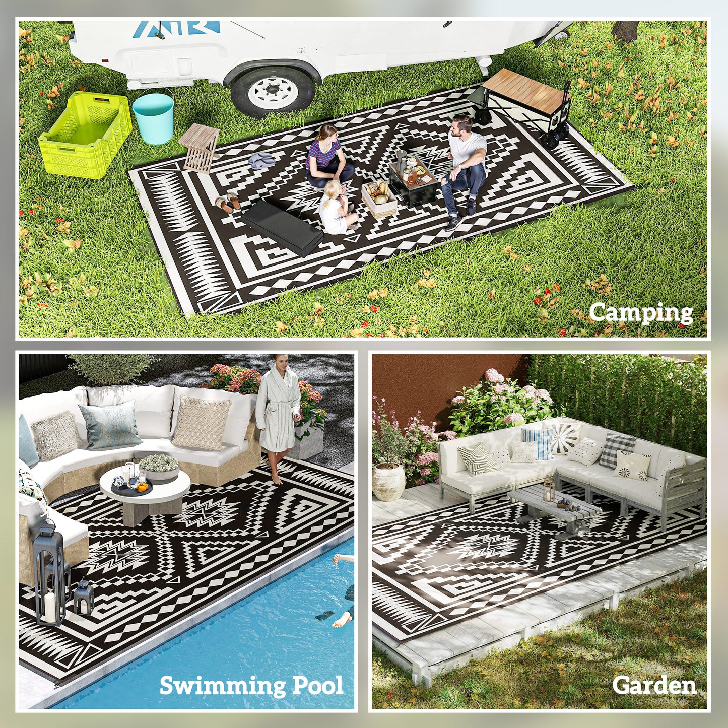Reversible Outdoor Rug - Waterproof Plastic Straw, 9' x 18', Black & White Patchwork