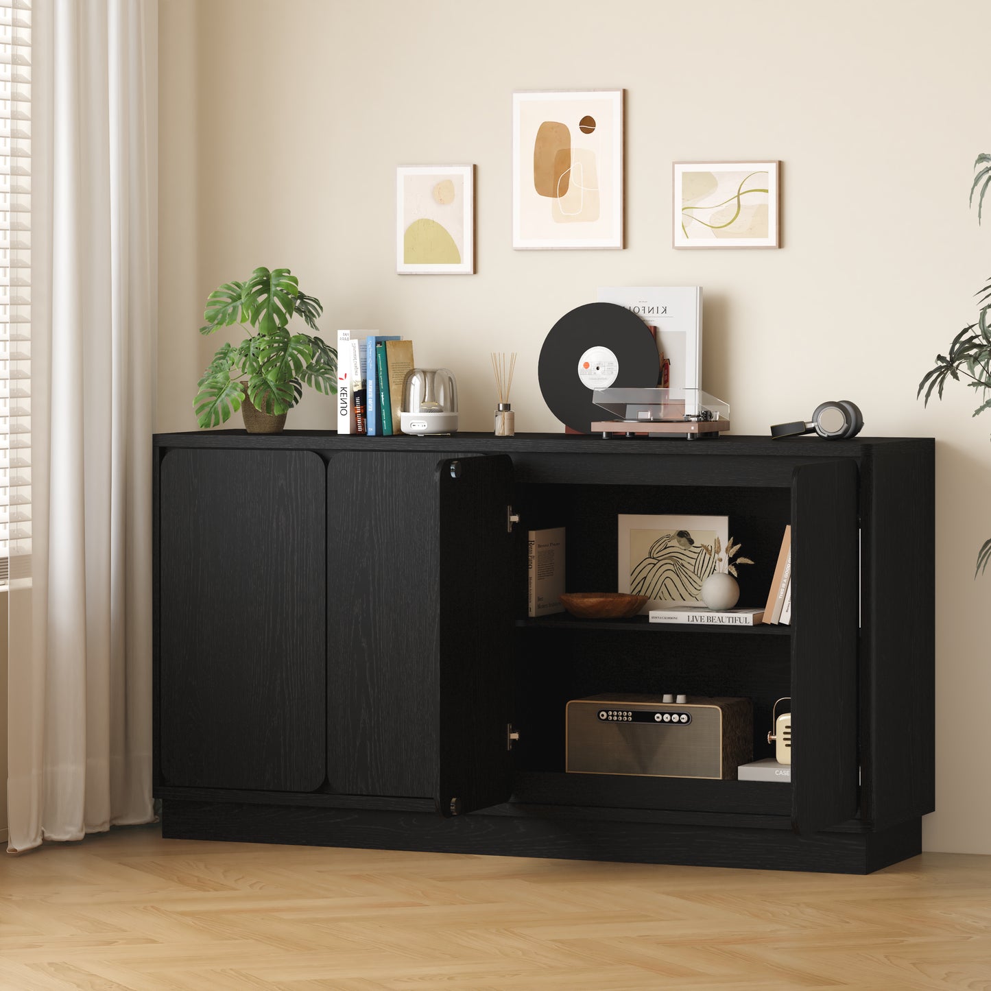 59.1-Inch Black 4-Door Sideboard Buffet Cabinet with Adjustable Shelves