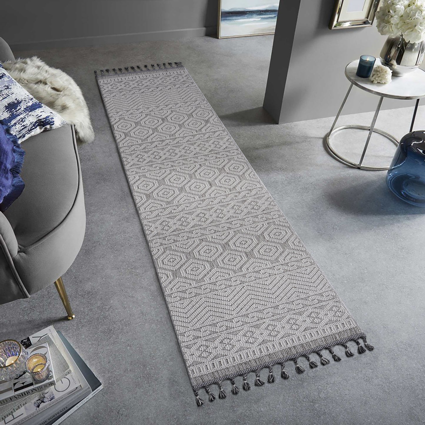 Guros 2X8 Grey White Geometric Indoor Outdoor Runner Rug