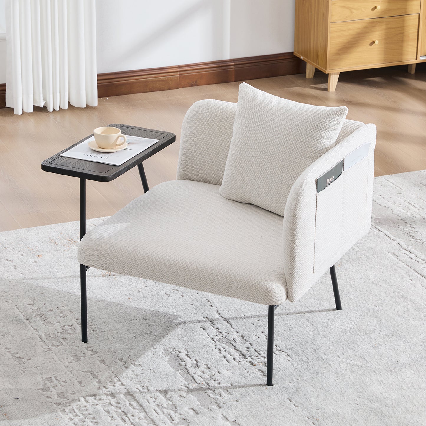 Modern Upholstered Lounge Chair with Side Table & Pillow - Beige