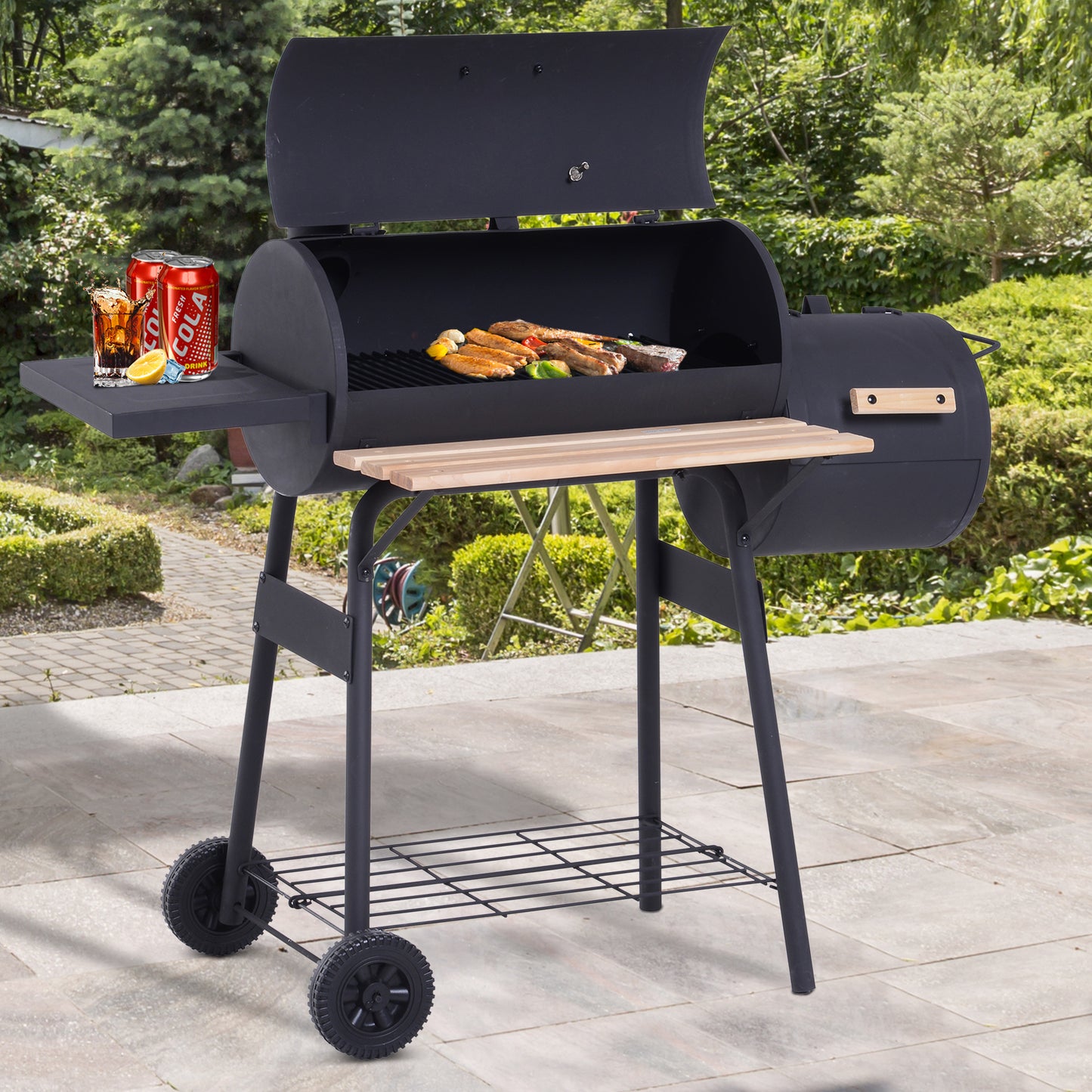 Portable Charcoal BBQ Grill with Wheels & Thermometer - Black