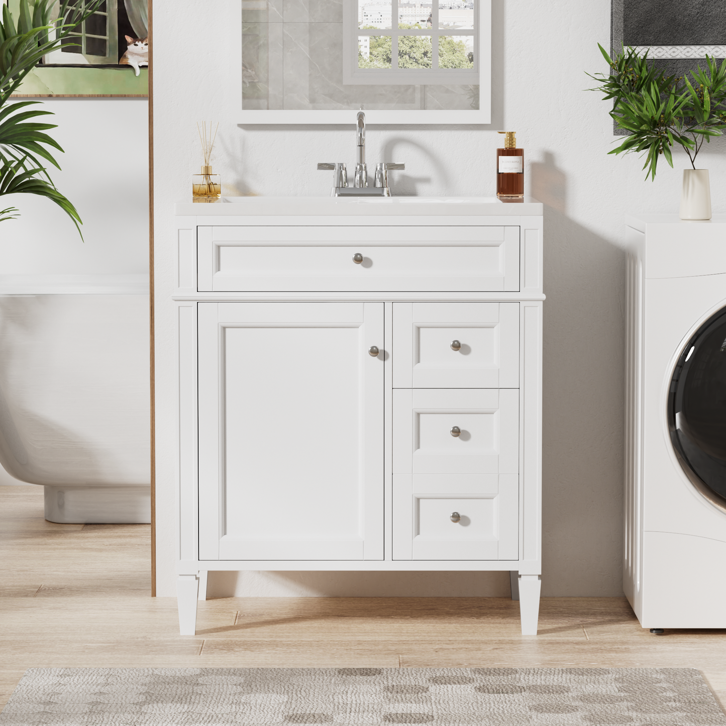30'' Modern Bathroom Vanity with Top Sink & 2 Drawers - White