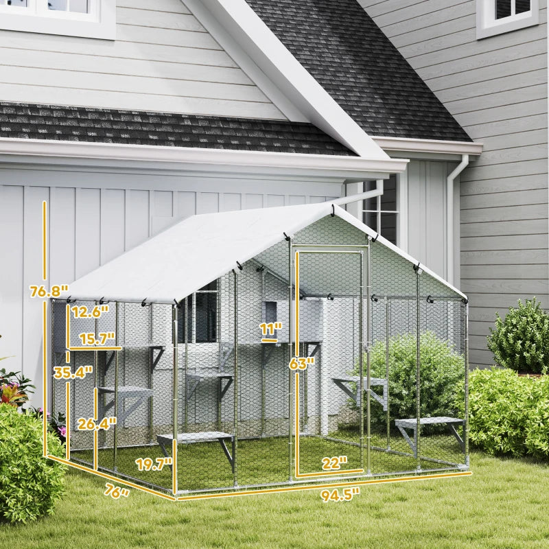 Outdoor Cat Enclosure with Waterproof Cover - Large Pet Playhouse, Silver 1950x350x175 mm