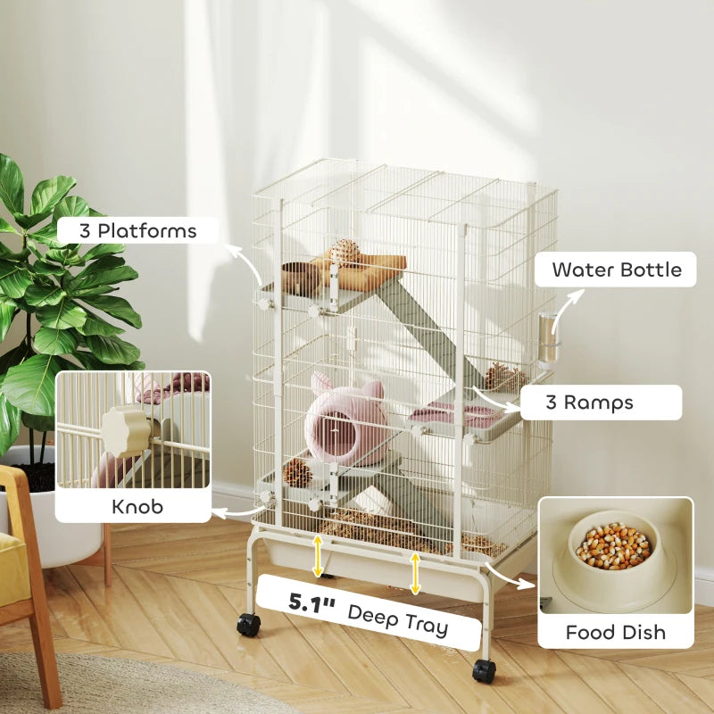 Small Animal Cage with Ramps and Water Bottle - 47 Inch Multi-Level Metal Enclosure