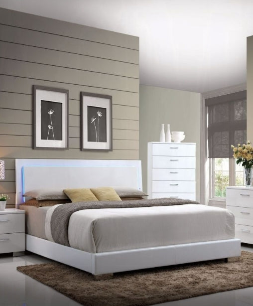 Queen Bed with White Faux Leather & LED Headboard
