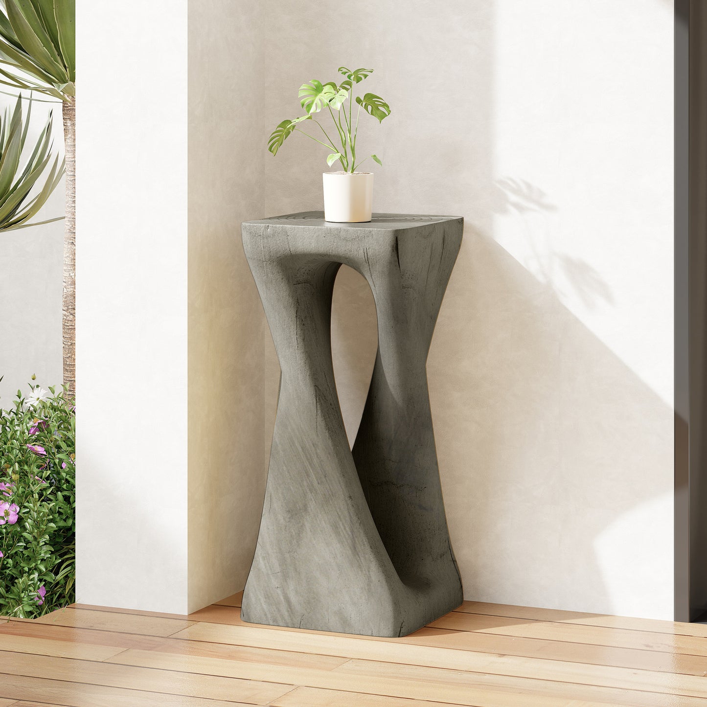 Outdoor Twist Shape Side Table - Lightweight Concrete in Grey