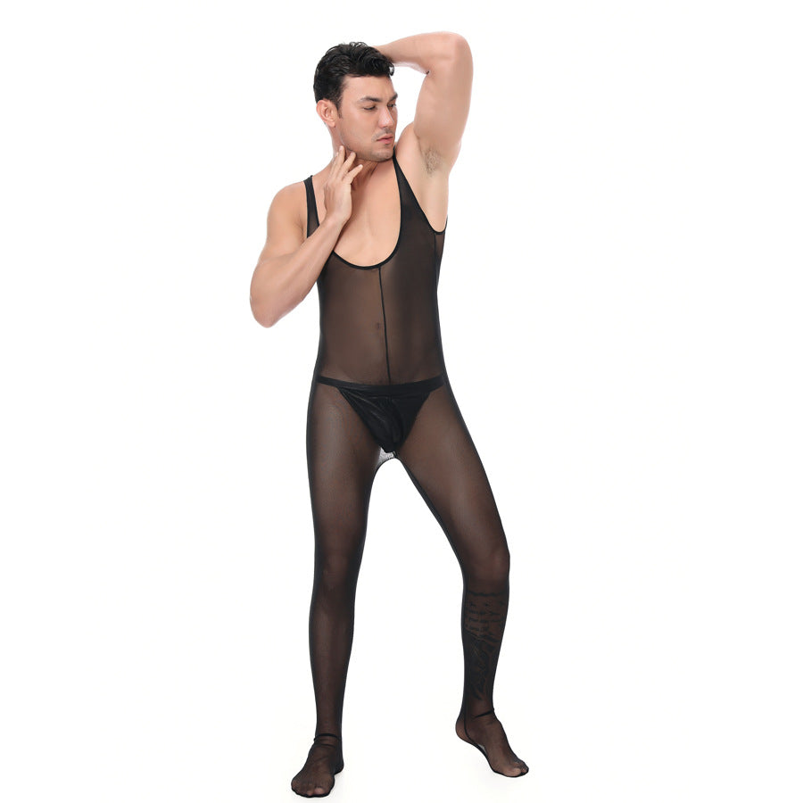 Men's Mesh Teasing Extreme Temptation Jumpsuit Uniform Black M-2XL