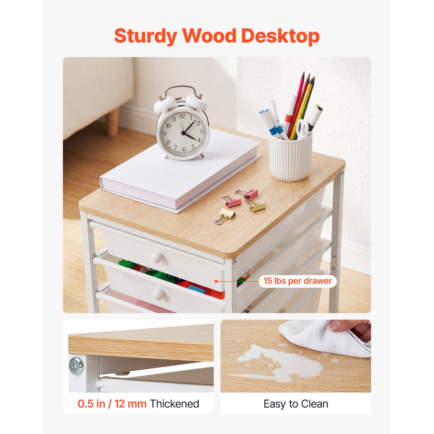 Rolling Cart with Drawers - 5 Drawer Storage Organizer for Office, Classroom, Craft, Bedroom, Makeup - White