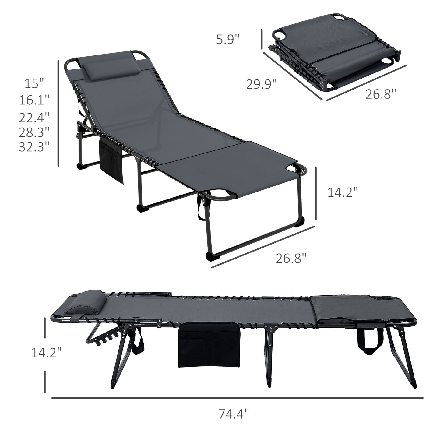 Folding Chaise Lounge Pool Chairs - 2-Piece Set with 5-Level Recline, Side Pocket, Gray